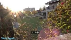The industrious redhead paid to have sex on the lawn in the yard